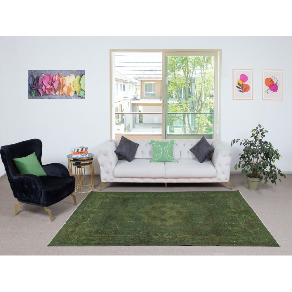 Room Size Hand-knotted Turkish Wool Area Rug Over-Dyed in Green
