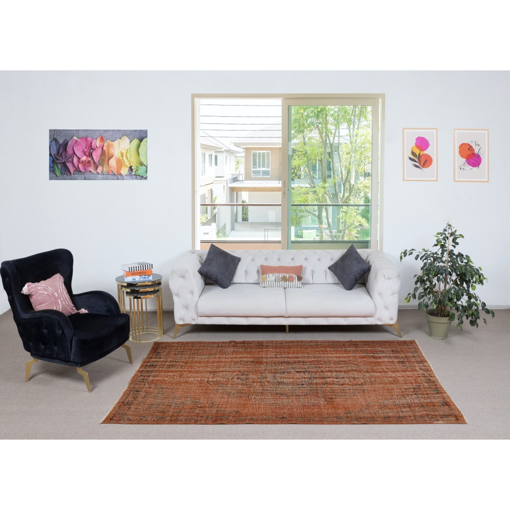 Contemporary Handmade Shabby Chic Turkish Wool Area Rug in Orange Color