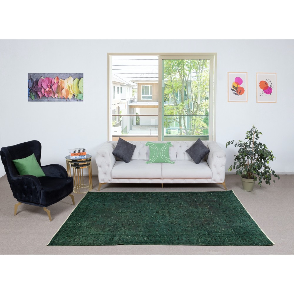 Contemporary Hand-knotted Area Rug. Dark Green Color Turkish Floor Covering