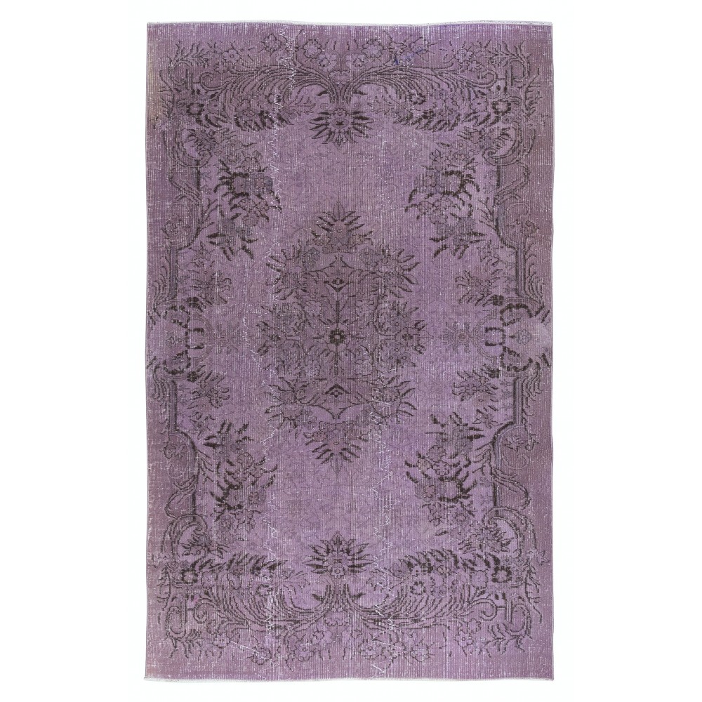 Vintage Handmade Turkish Area Rug redyed in Purple Color for modern interiors