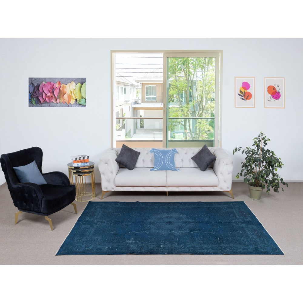 Hand Knotted Navy Blue Color Area Rug, Modern Handmade Turkish Floor Covering