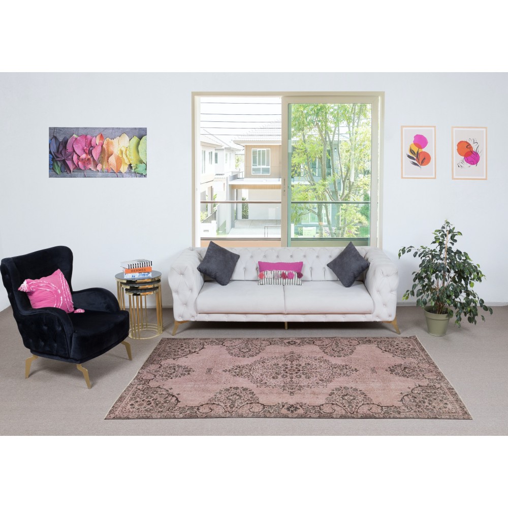 Vintage Handmade Turkish Area Rug redyed in Pink Color for contemporary interiors