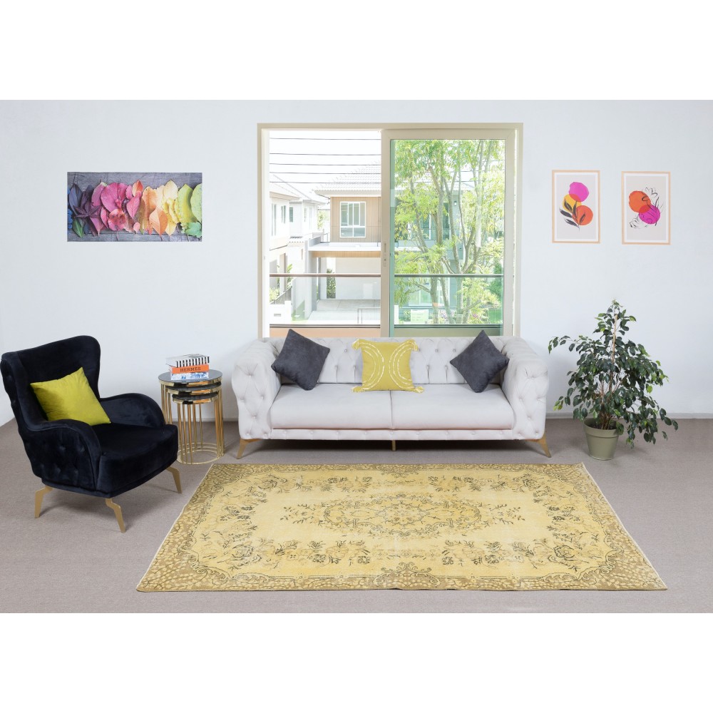 Vintage Turkish Area Rug redyed in Yellow Color for modern interiors
