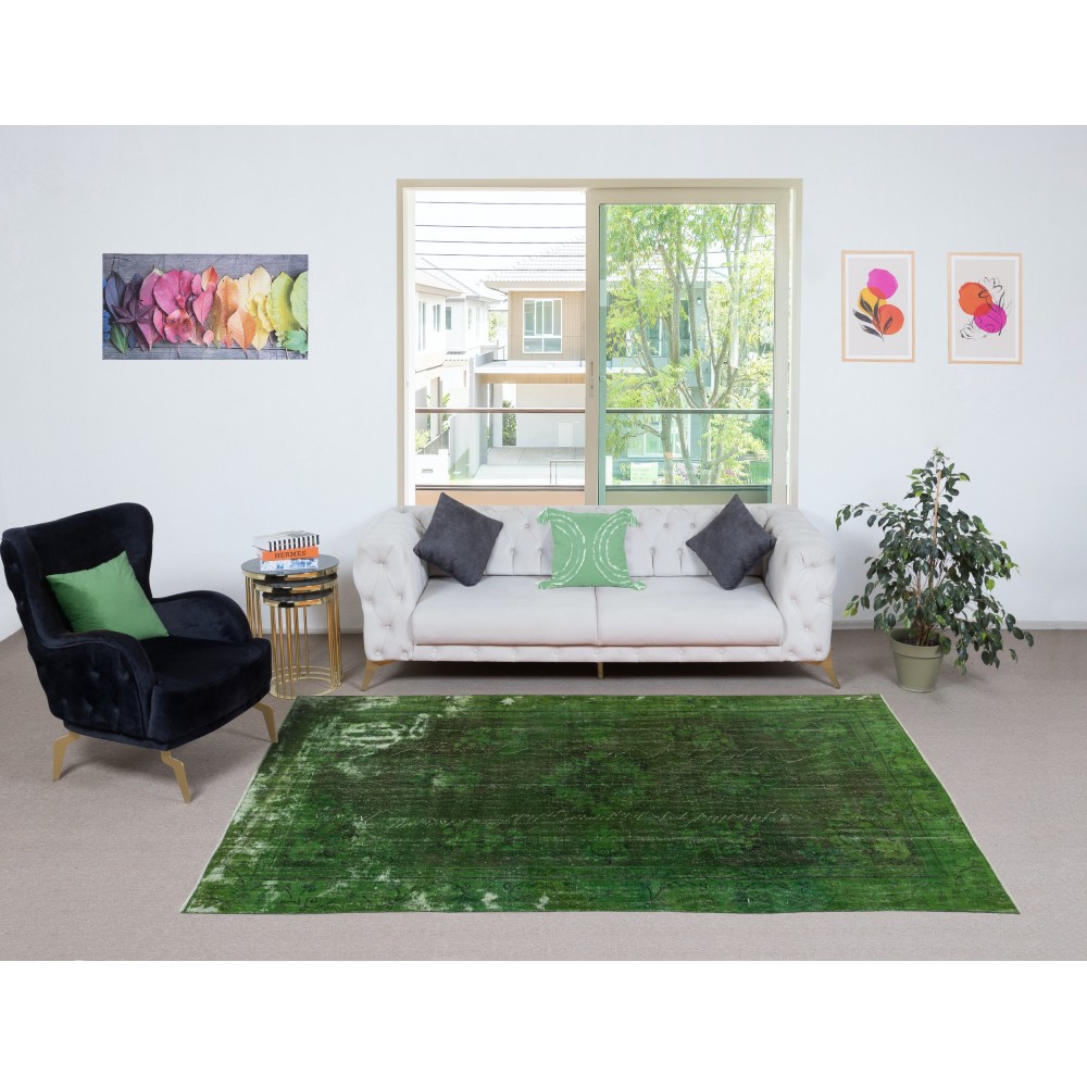Shabby Chic Handmade Rug Over-Dyed in Green Color. Distressed Turkish Area Rug
