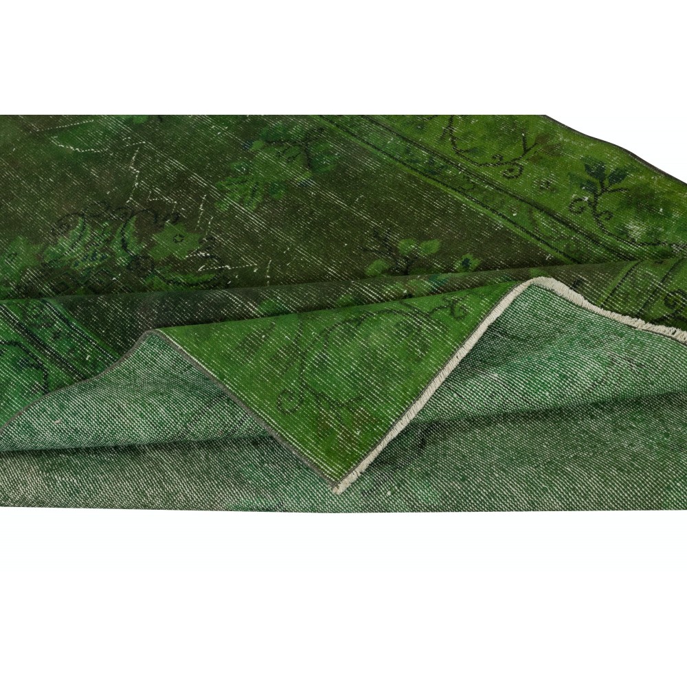 Shabby Chic Handmade Rug Over-Dyed in Green Color. Distressed Turkish Area Rug