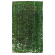 Shabby Chic Handmade Rug Over-Dyed in Green Color. Distressed Turkish Area Rug