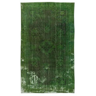 Shabby Chic Handmade Rug Over-Dyed in Green Color. Distressed Turkish Area Rug