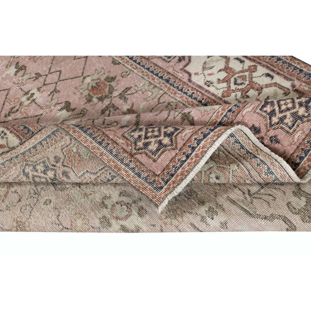 Vintage Handmade Floral Patterned Turkish Rug in Pink Color