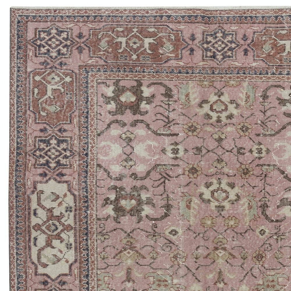 Vintage Handmade Floral Patterned Turkish Rug in Pink Color