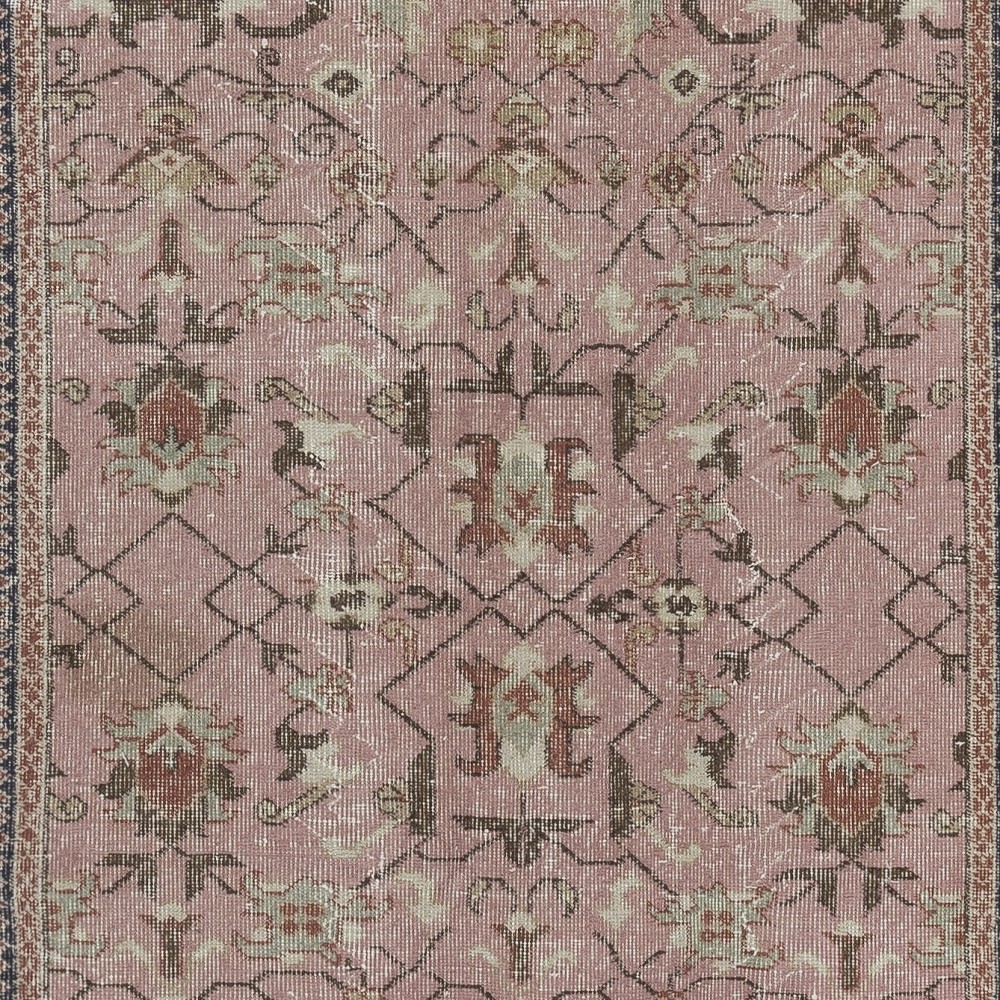 Vintage Handmade Floral Patterned Turkish Rug in Pink Color