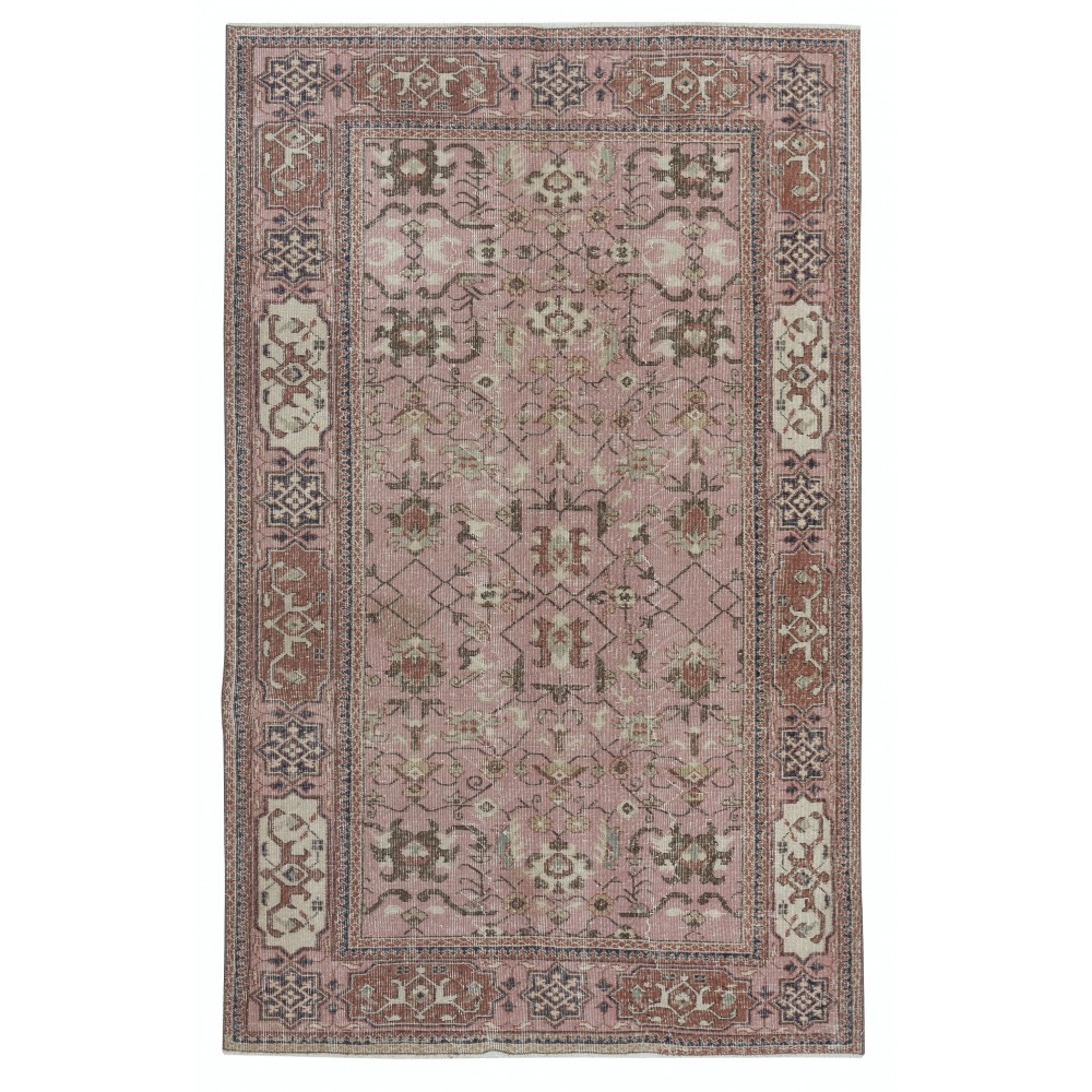Vintage Handmade Floral Patterned Turkish Rug in Pink Color