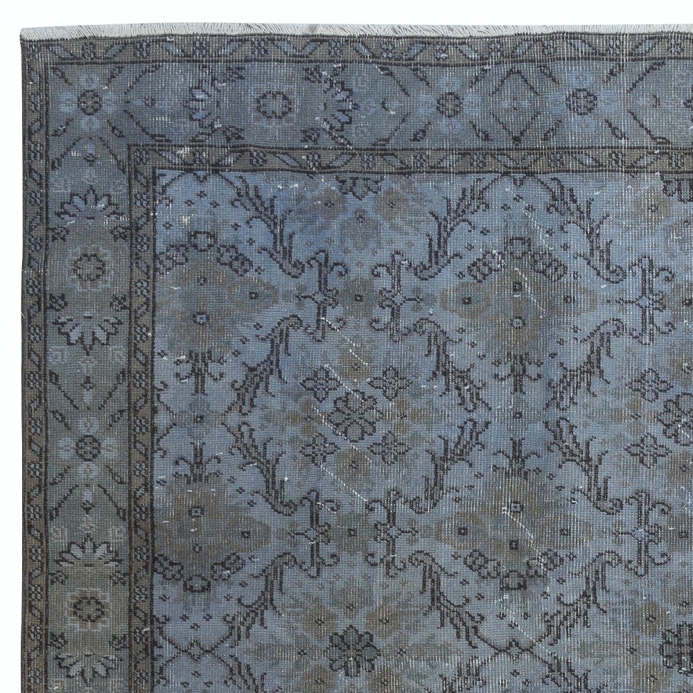 Hand Knotted Blue Color Area Rug, Modern Floral Patterned Turkish Floor Covering