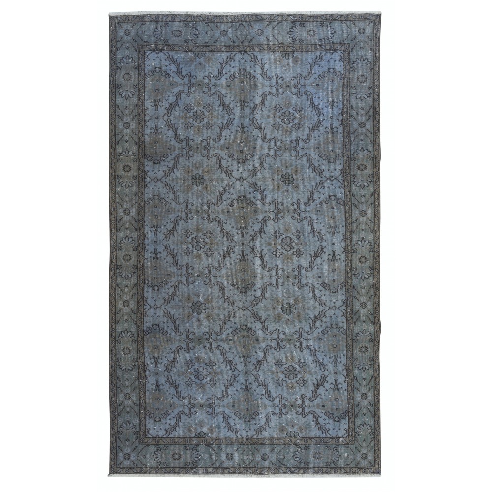 Hand Knotted Blue Color Area Rug, Modern Floral Patterned Turkish Floor Covering