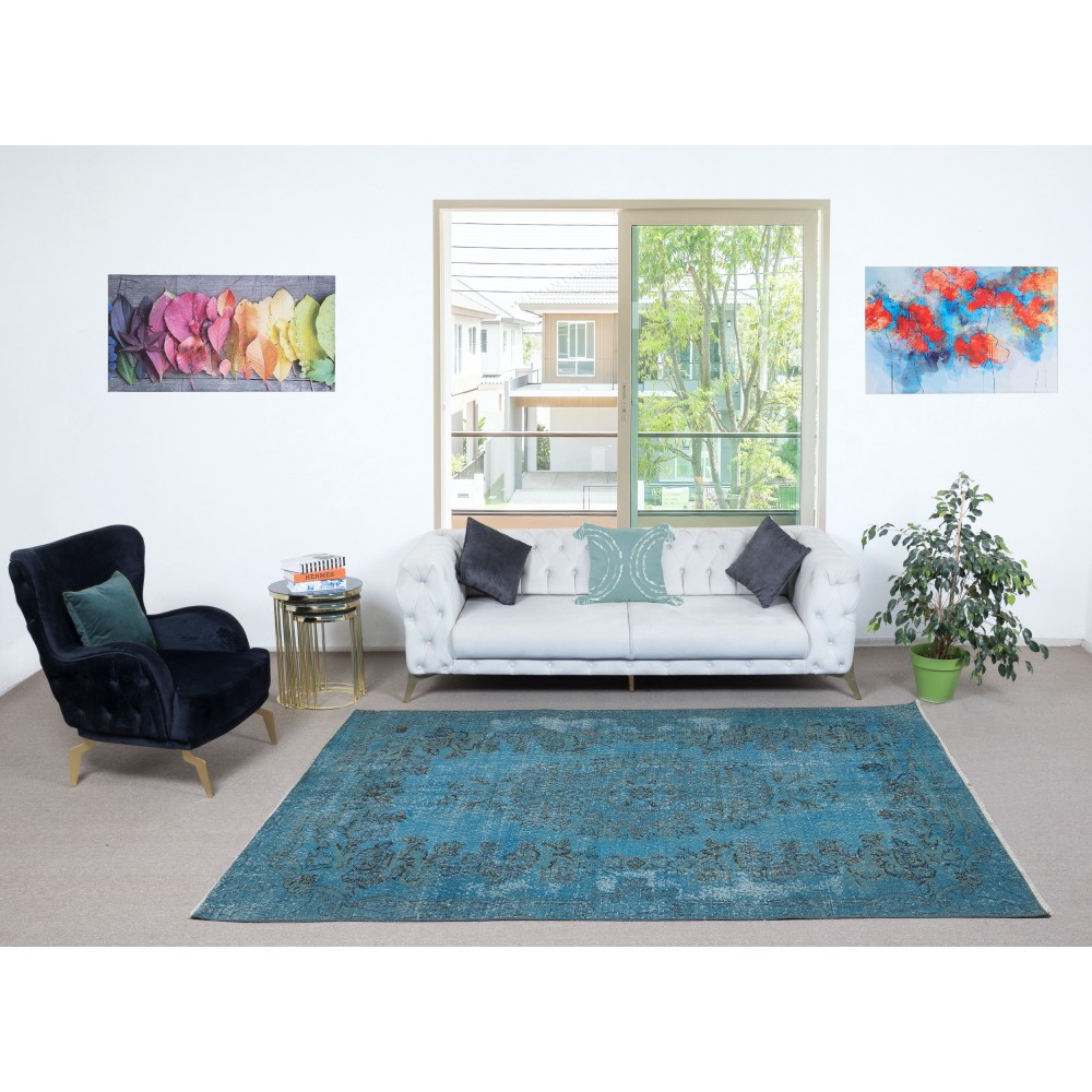 Contemporary Handmade Blue Color Area Rug, Shabby Chic Turkish Floor Covering