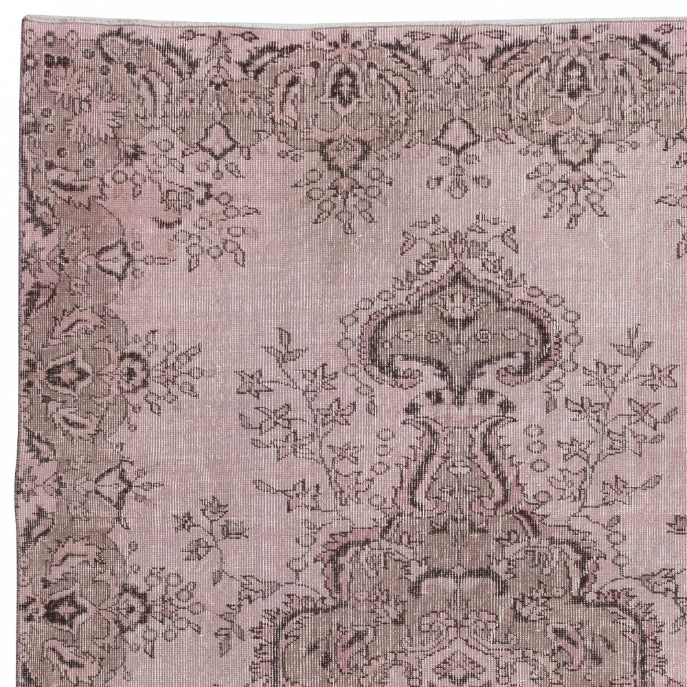 Vintage Handmade Turkish Area Rug redyed in Soft Pink Color for modern interiors