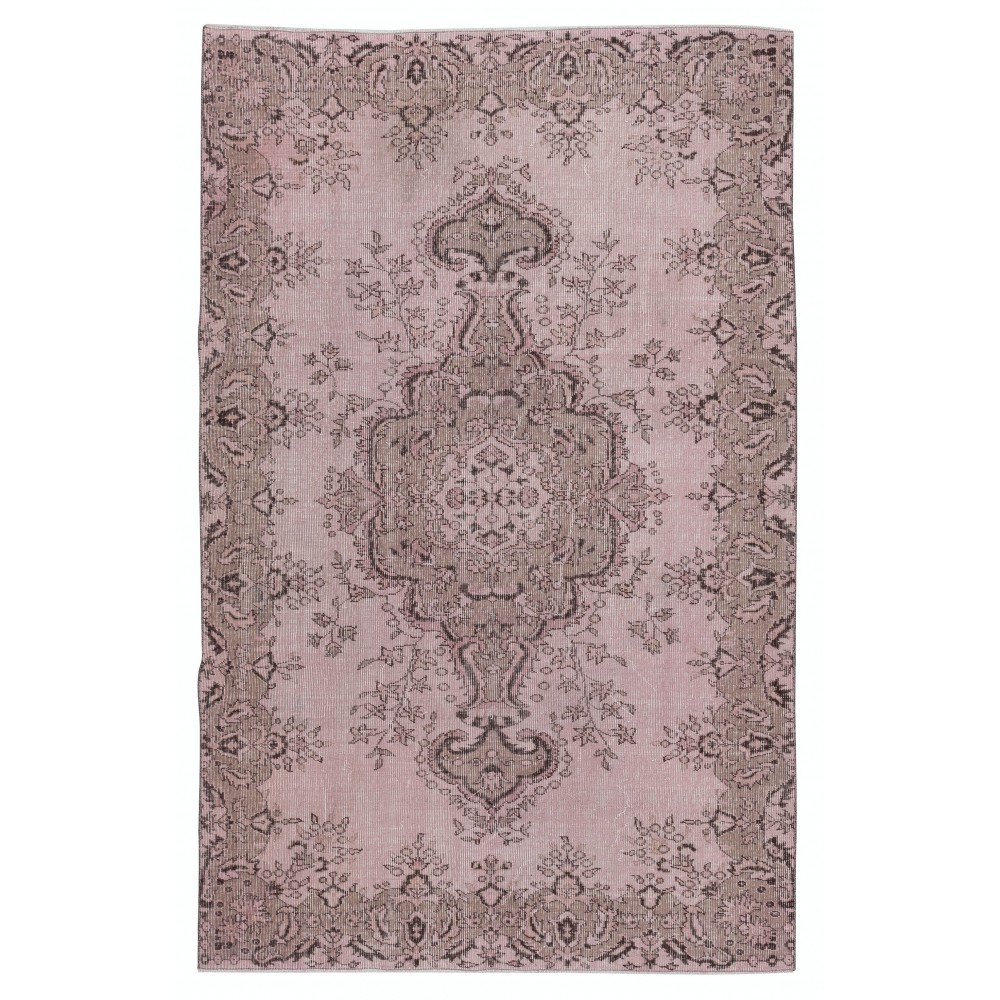Vintage Handmade Turkish Area Rug redyed in Soft Pink Color for modern interiors