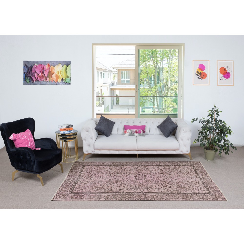 Vintage Floral Design Turkish Wool Area Rug redyed in Pink Color for contemporary interiors