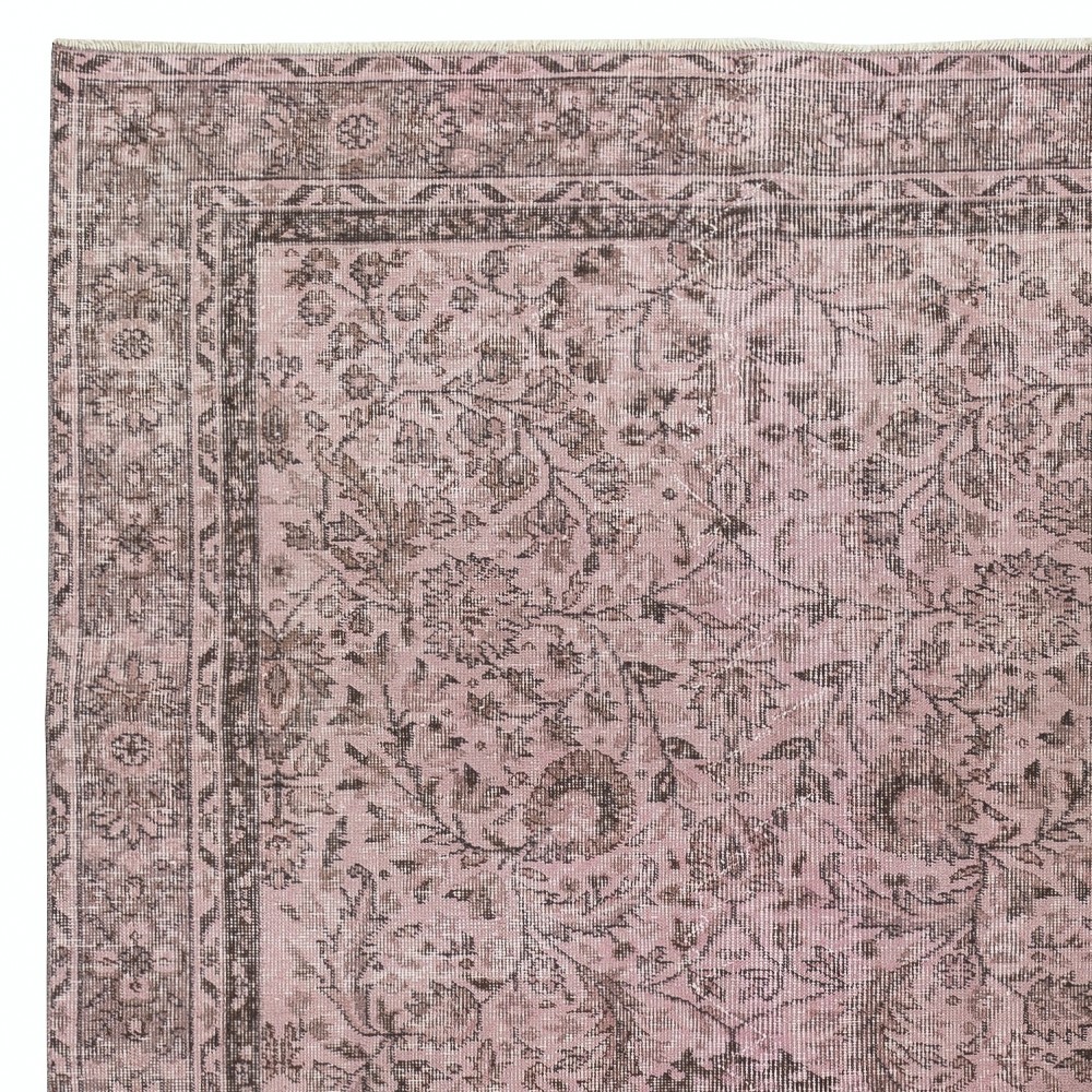 Vintage Floral Design Turkish Wool Area Rug redyed in Pink Color for contemporary interiors