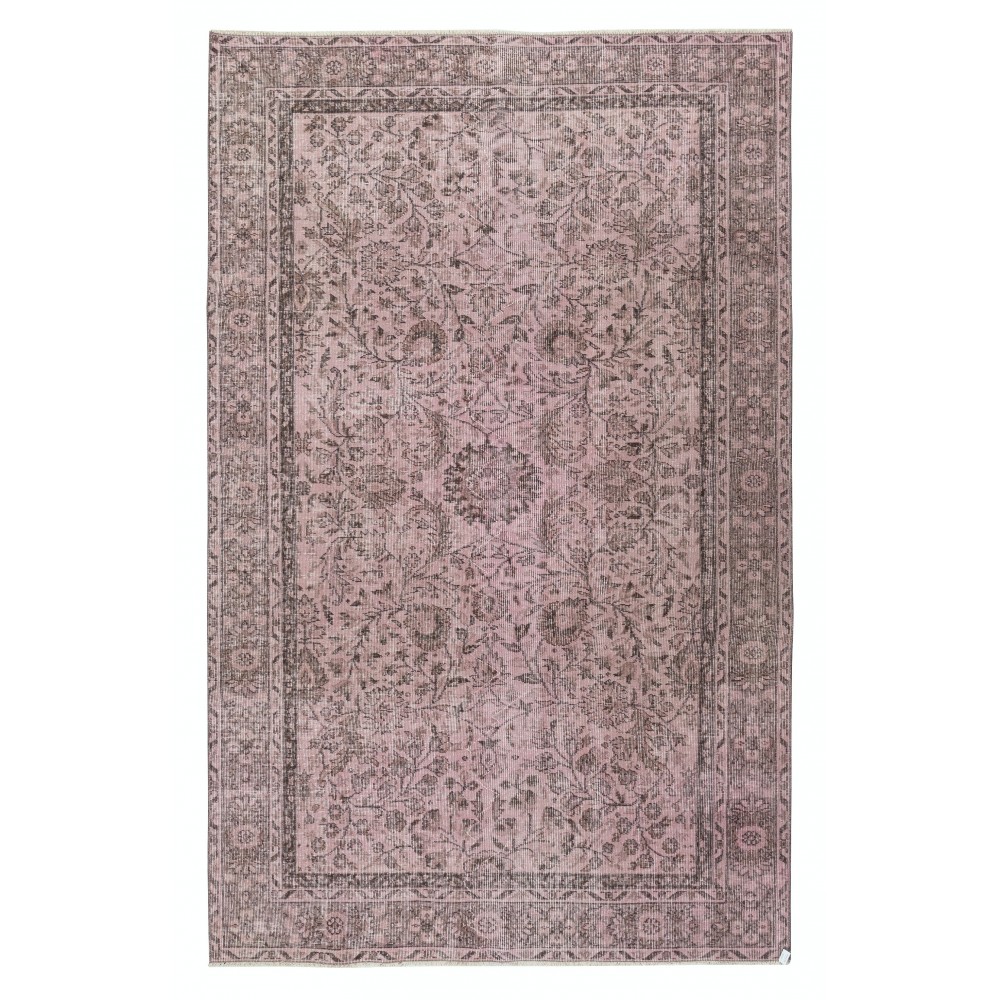 Vintage Floral Design Turkish Wool Area Rug redyed in Pink Color for contemporary interiors