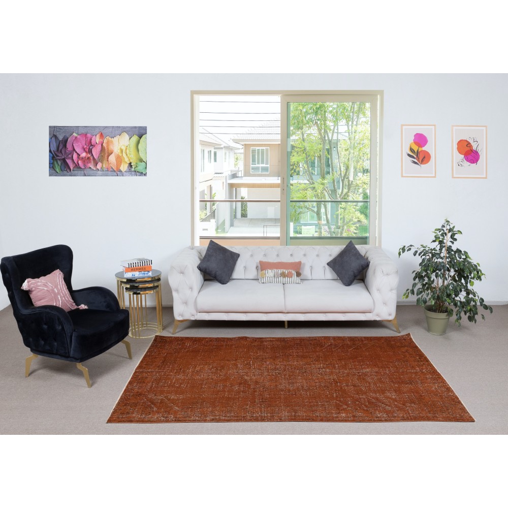 Hand-Made Floor Rug from Turkey. Orange Color Re-Dyed Area Rug