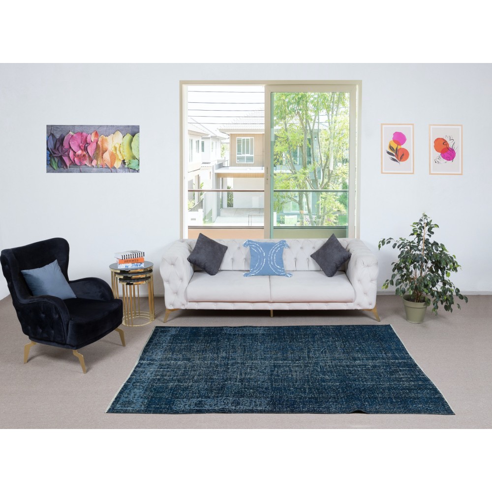 Handmade Turkish Wool Area Rug in Navy Blue. Room Size Floor Covering