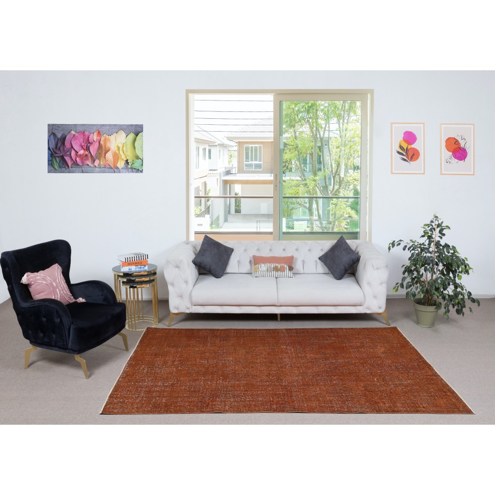 Handmade Turkish Wool Area Rug Re-Dyed in Orange for Modern Interiors