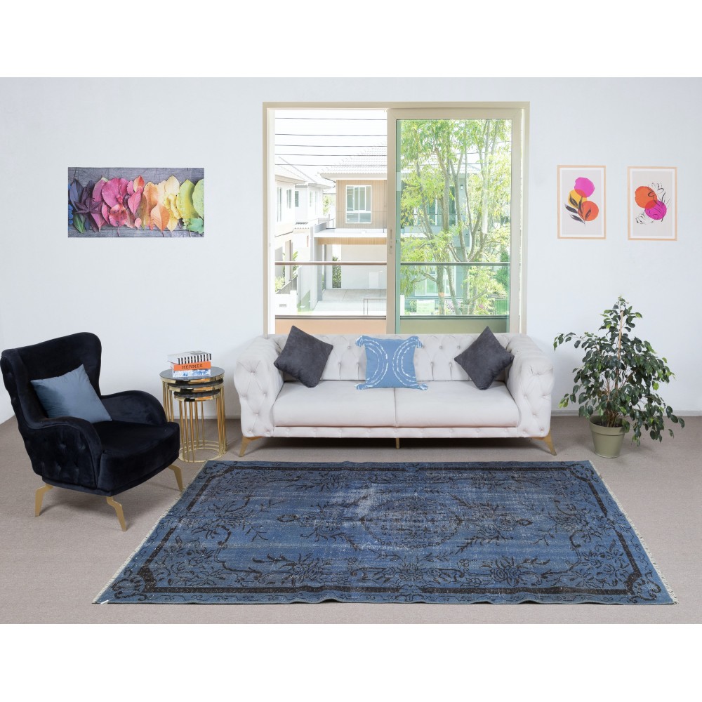 Vintage Handmade Turkish Area Rug redyed in Blue Color for modern interiors