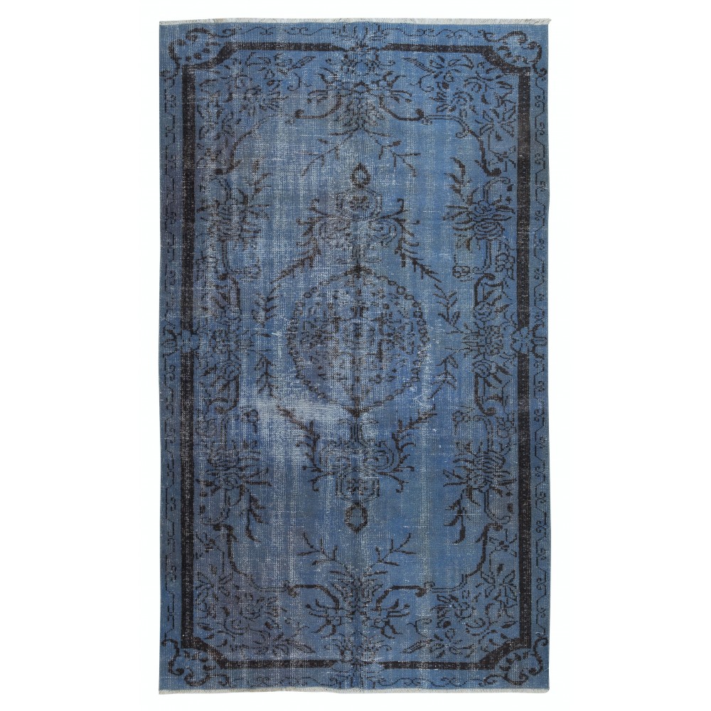 Vintage Handmade Turkish Area Rug redyed in Blue Color for modern interiors