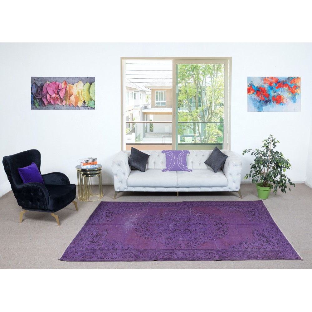 Vintage Handmade Turkish Area Rug redyed in Purple Color for contemporary interiors