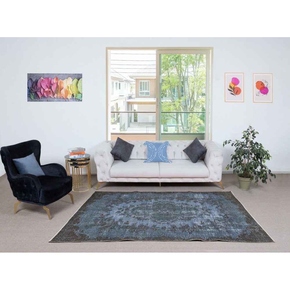 Modern Handmade Blue Color Turkish Wool Area Rug with Medallion Design