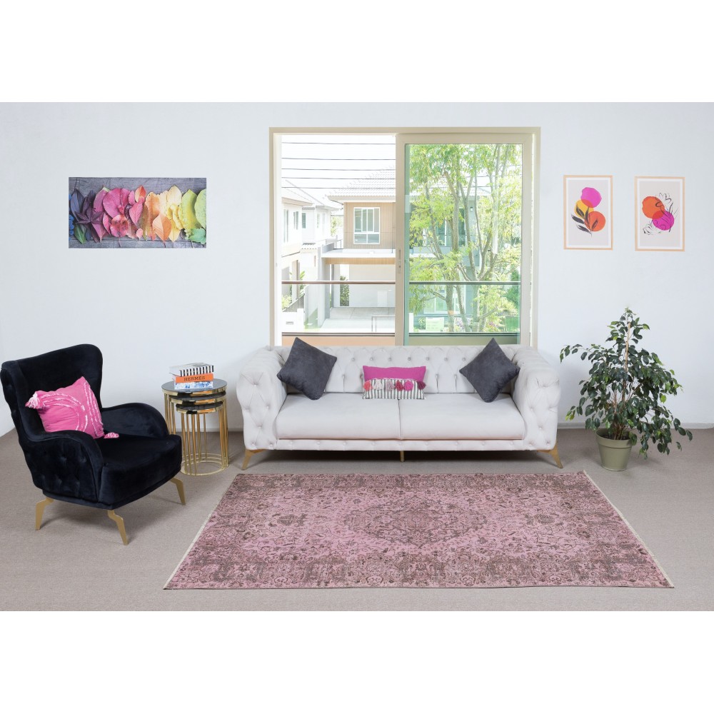 Modern Wool Area Rug. Handmade in Turkey. Pink Color Living Room Rug
