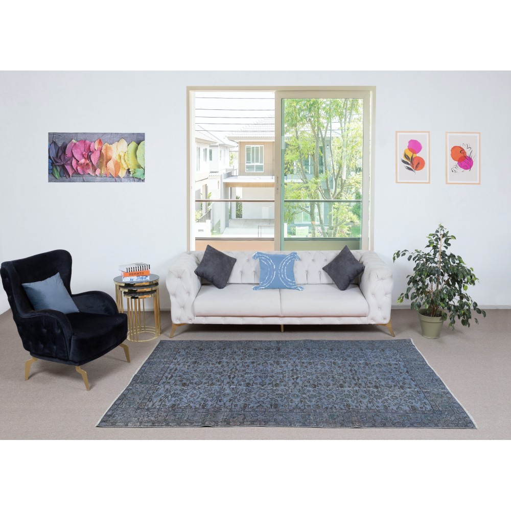 Decorative Blue Color Handmade Turkish Wool Area Rug with Flower Design