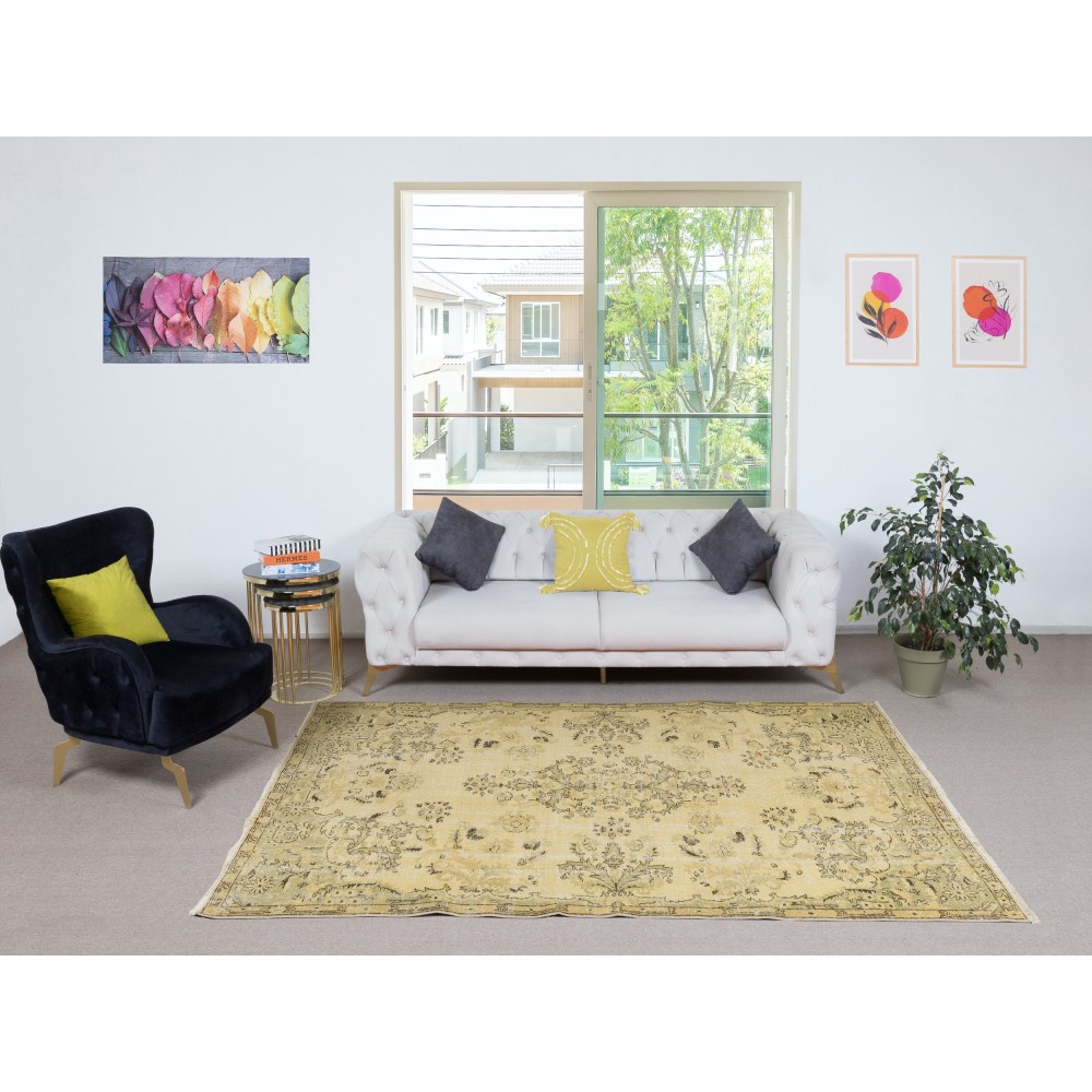 Contemporary Handmade Turkish Area Rug with Floral Garden Design in Yellow Background