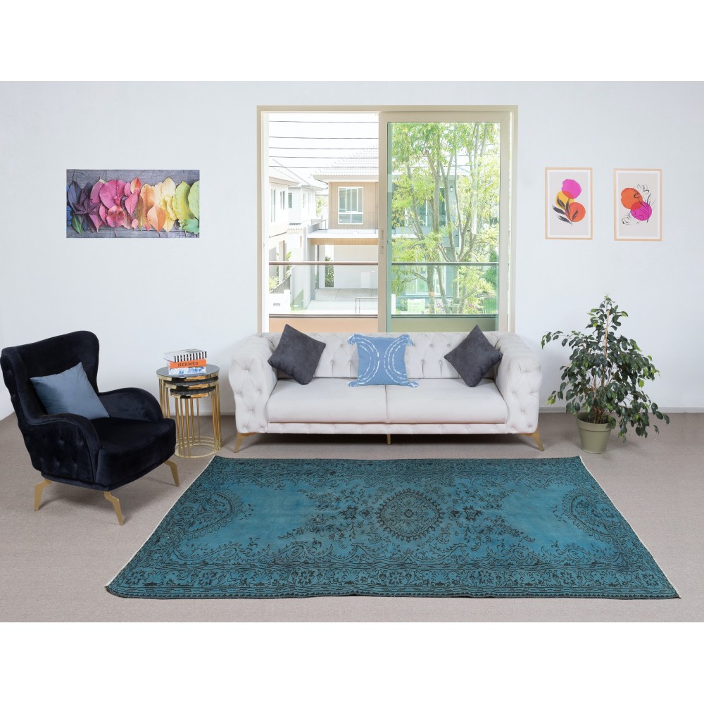 Modern Handmade Turkish Area Rug Over-Dyed in Blue. Woolen Floor Covering