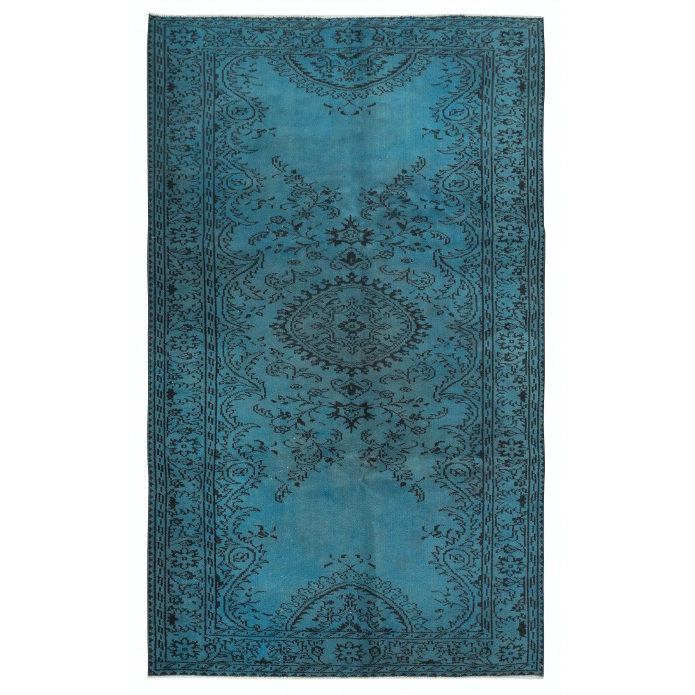 Modern Handmade Turkish Area Rug Over-Dyed in Blue. Woolen Floor Covering