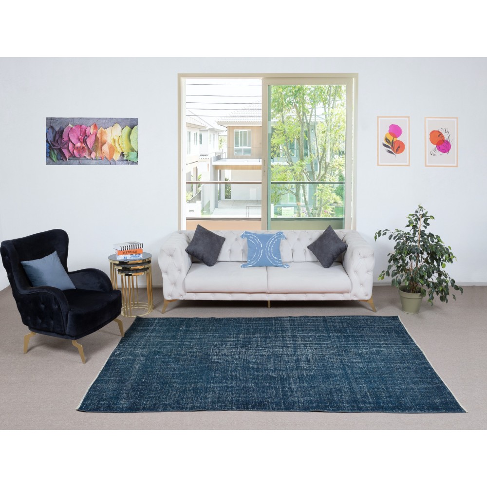 Hand Knotted Solid Navy Blue Color Area Rug, Modern Handmade Turkish Floor Covering