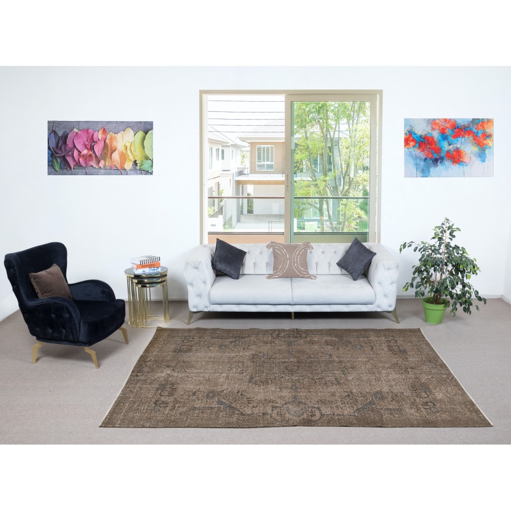 Modern Turkish Floor Rug in Brown Color. Hand Knotted Area Rug for Kitchen and Living Room
