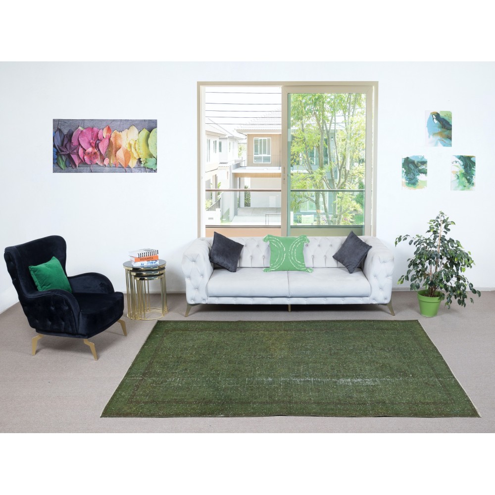 Hand-Knotted Turkish Wool Area Rug in Dark Green. Modern Handmade Floor Covering