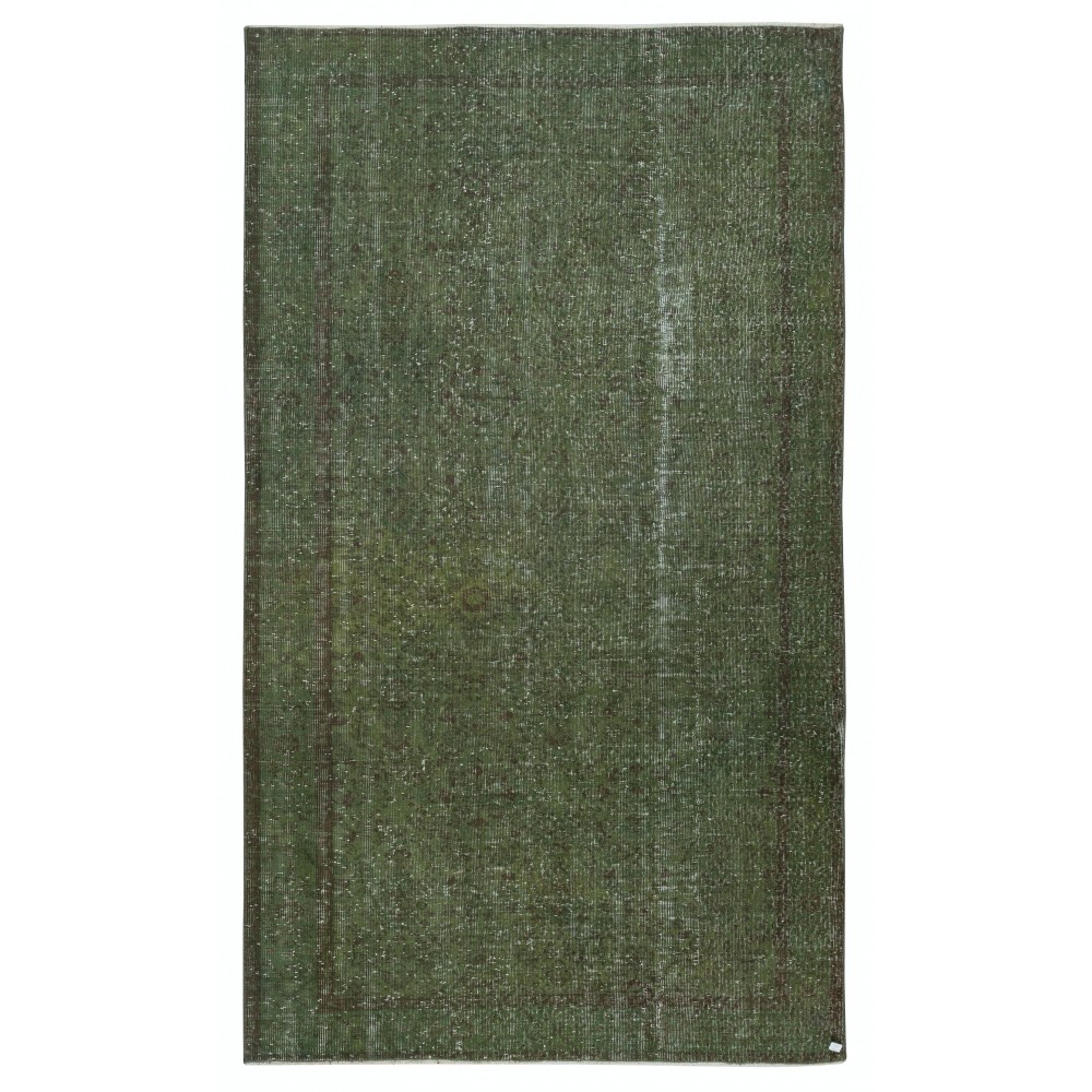 Hand-Knotted Turkish Wool Area Rug in Dark Green. Modern Handmade Floor Covering