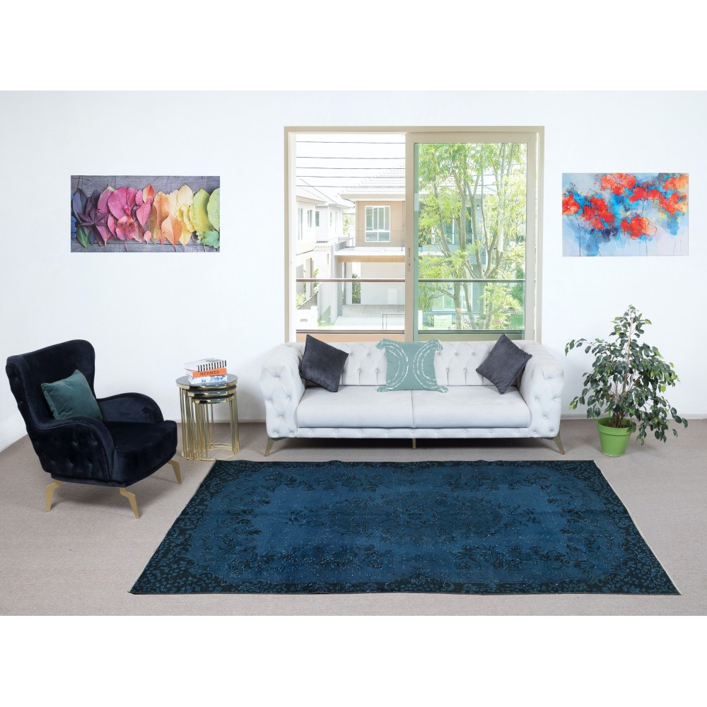 Navy Blue Color Handmade Turkish Area Rug for Contemporary Interiors