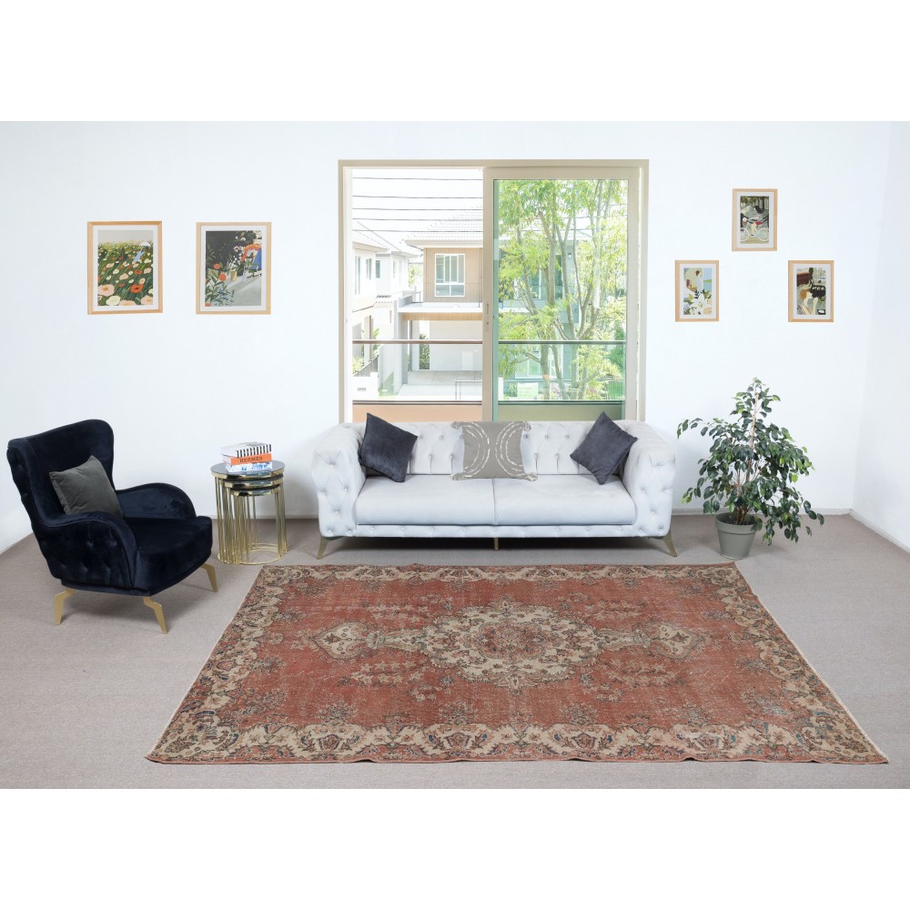 One of a kind Vintage Handmade Turkish Area Rug, Red 1960s Carpet with Medallion Design