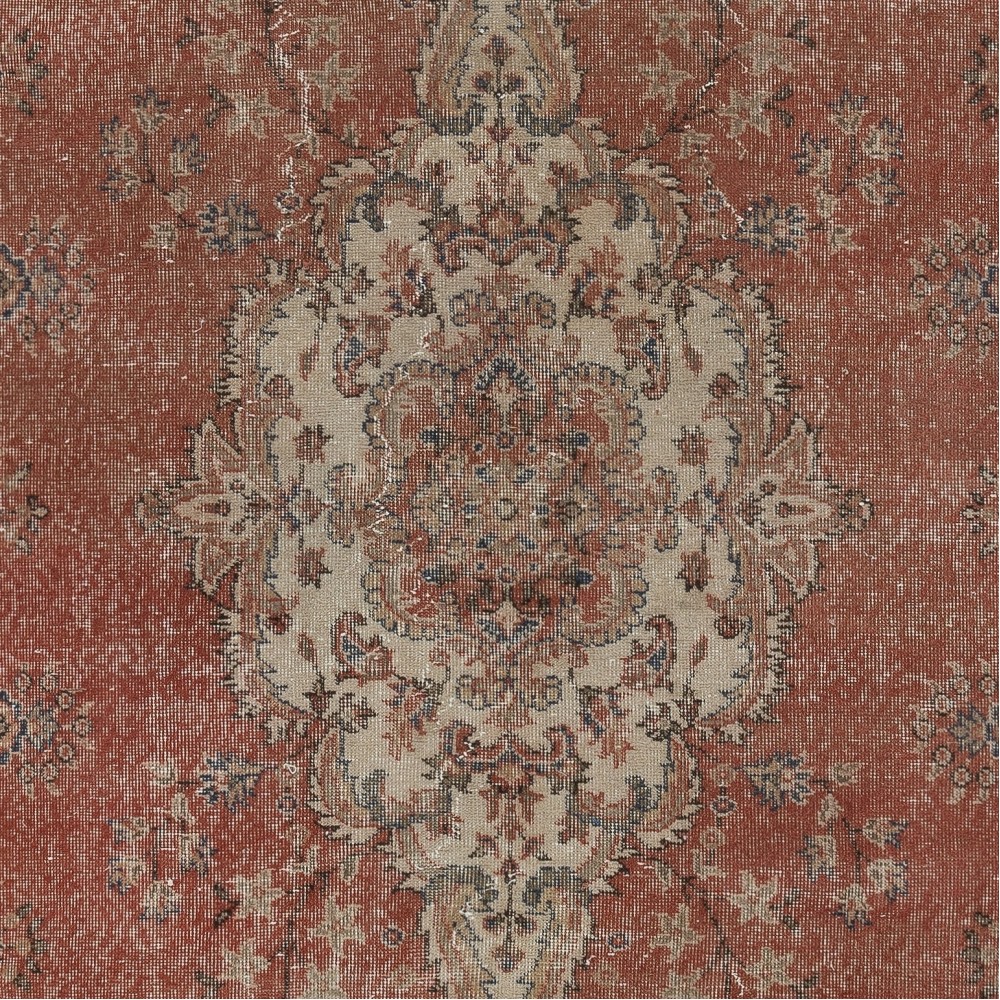 One of a kind Vintage Handmade Turkish Area Rug, Red 1960s Carpet with Medallion Design