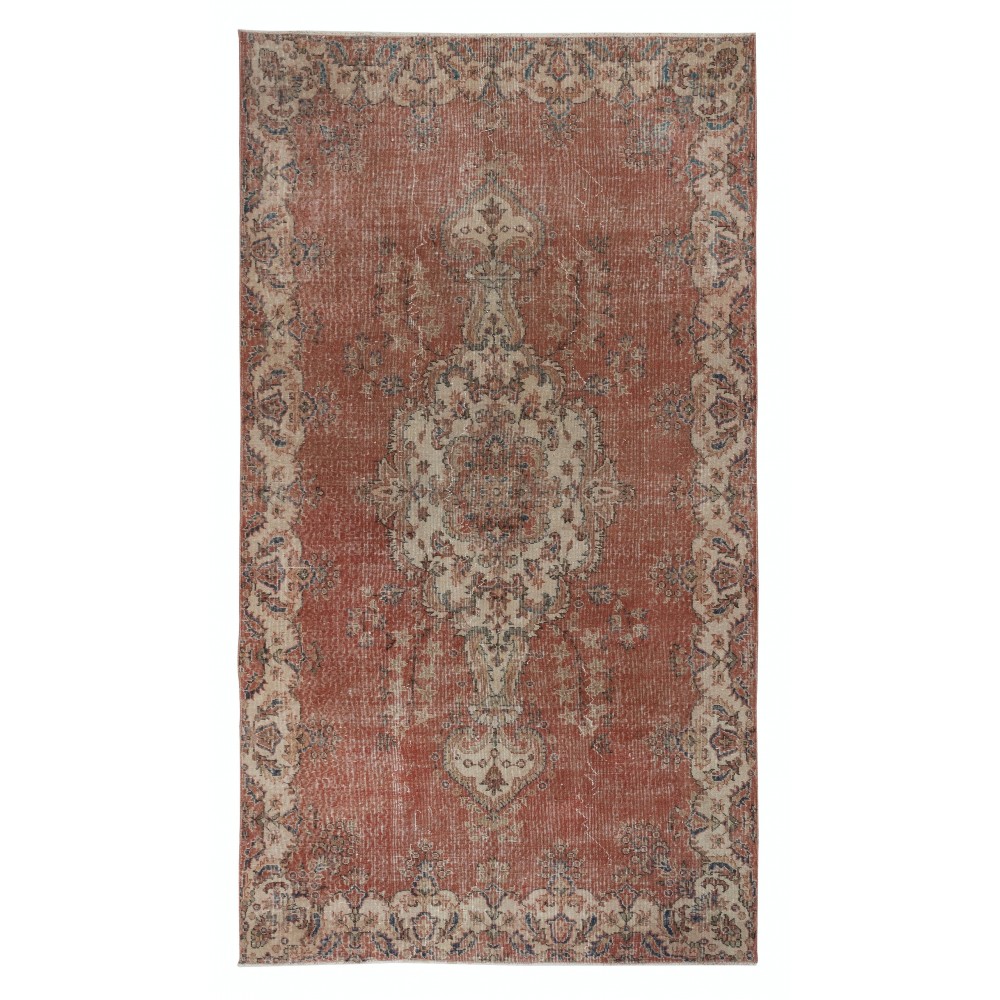 One of a kind Vintage Handmade Turkish Area Rug, Red 1960s Carpet with Medallion Design