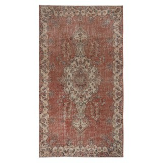 One of a kind Vintage Handmade Turkish Area Rug, Red 1960s Carpet with Medallion Design