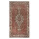 One of a kind Vintage Handmade Turkish Area Rug, Red 1960s Carpet with Medallion Design