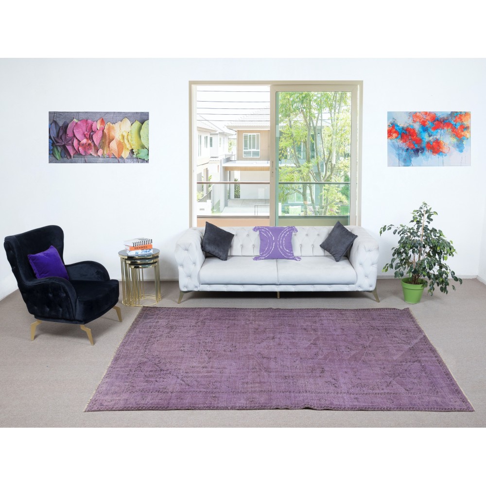 Vintage Handmade Turkish Area Rug redyed in Purple Color for modern interiors