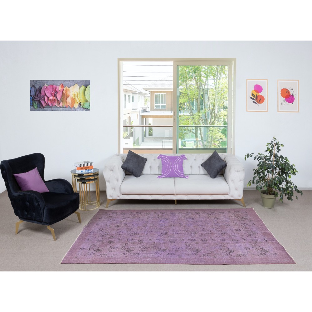 Vintage Handmade Turkish Area Rug redyed in Purple Color for modern interiors