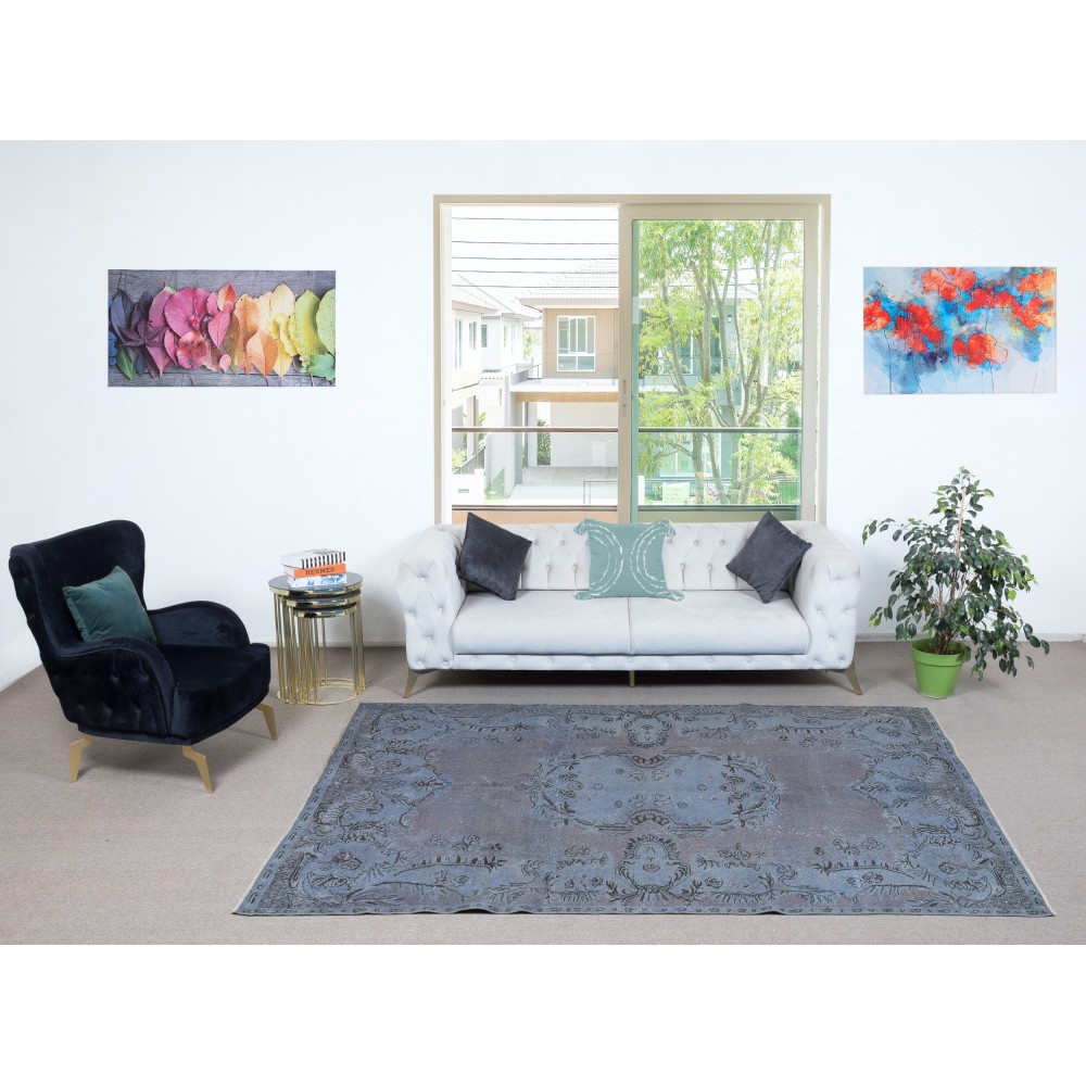 Vintage Handmade Turkish Area Rug redyed in Blue Color for modern interiors