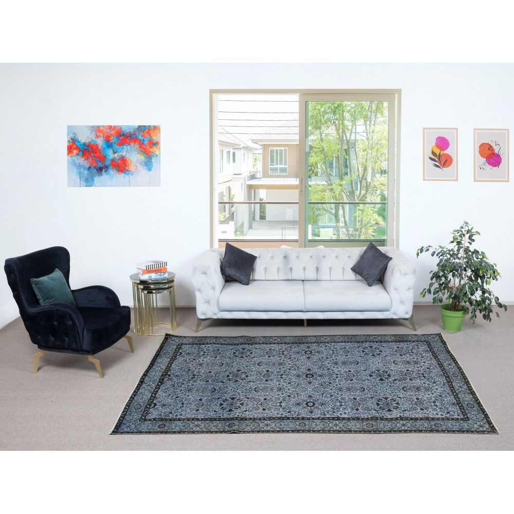 Contemporary Handmade Blue Color Turkish Wool Area Rug with Floral Design