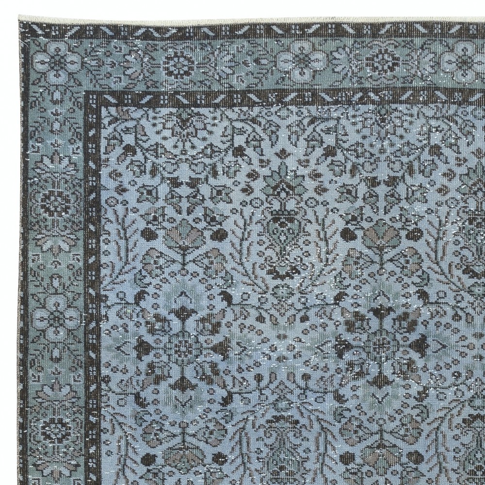 Contemporary Handmade Blue Color Turkish Wool Area Rug with Floral Design
